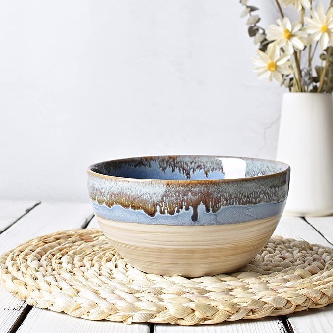 Bosmarlin Stoneware Soup Bowl Set of 4, 26 Oz, Cereal Bowl for Oatmeal, Dishwasher and Microwave Safe, Reactive Glaze (Blue, 6 in)