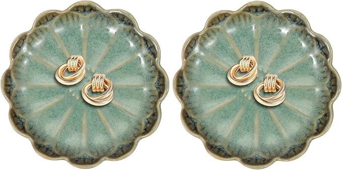 uxcell 2Pcs Ceramics Jewelry Plate, Sunflower Shape Key Holder Bowl for Entryway Table Decor Small Ring Tray Dish Gift for Women Girlfriend, Dark Green