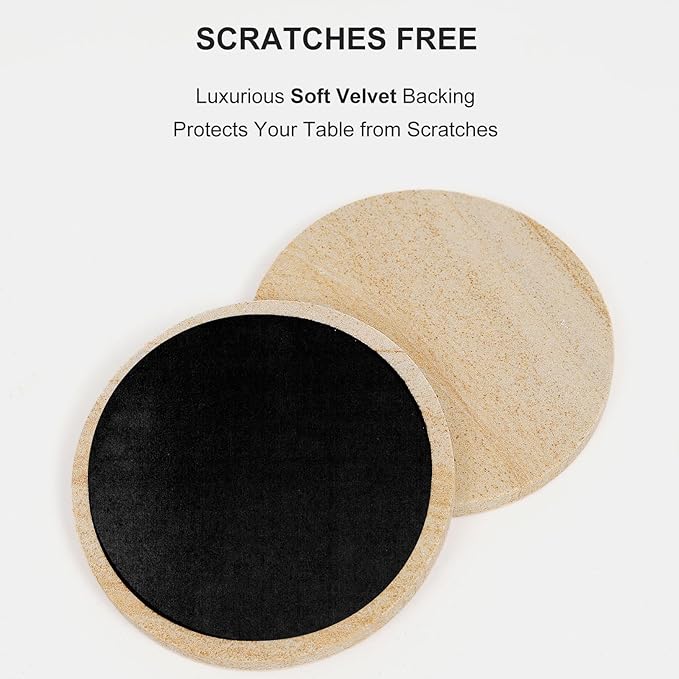 Absorbent Coasters Set of 6, Desert-Like Patterns Natural Sandstone Coaster with Holder for Coffee Table Decor, Rustic Stone Drink Coasters with Velvet Backing, Made from Australian Sandstone