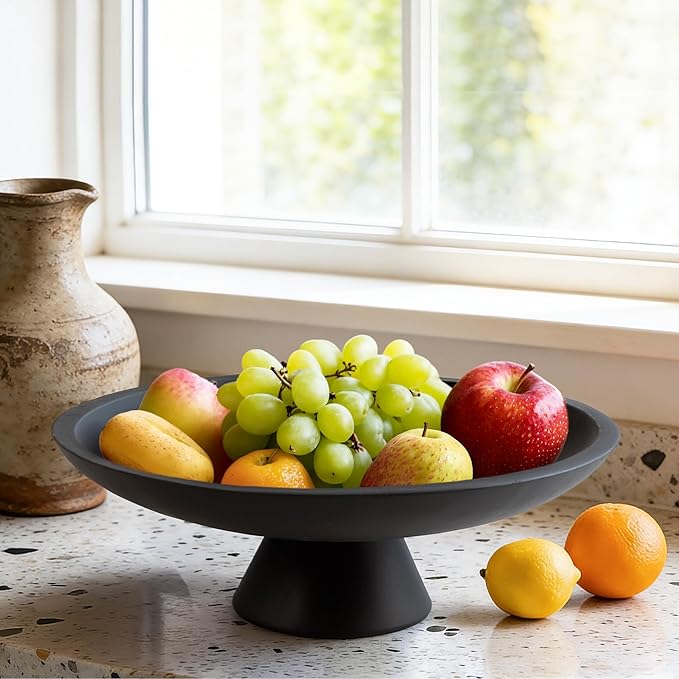 Large Modern Decorative Bowl for Home Decor Fruit Organic Catch All Key Kitchen Entryway Shelf Coffee Table With Pedestal,Black