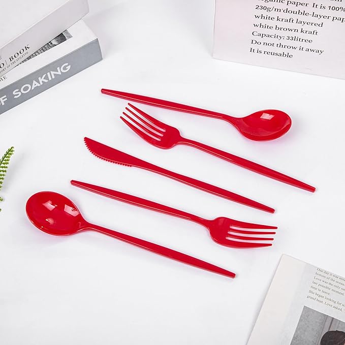 PULOTE 150PCS Red Plastic Silverware Set - Heavy Duty Plastic Cutlery - Red Utensils Disposable Include 50 Forks, 50 Spoons, 50 Knives for Party & Valentines Day