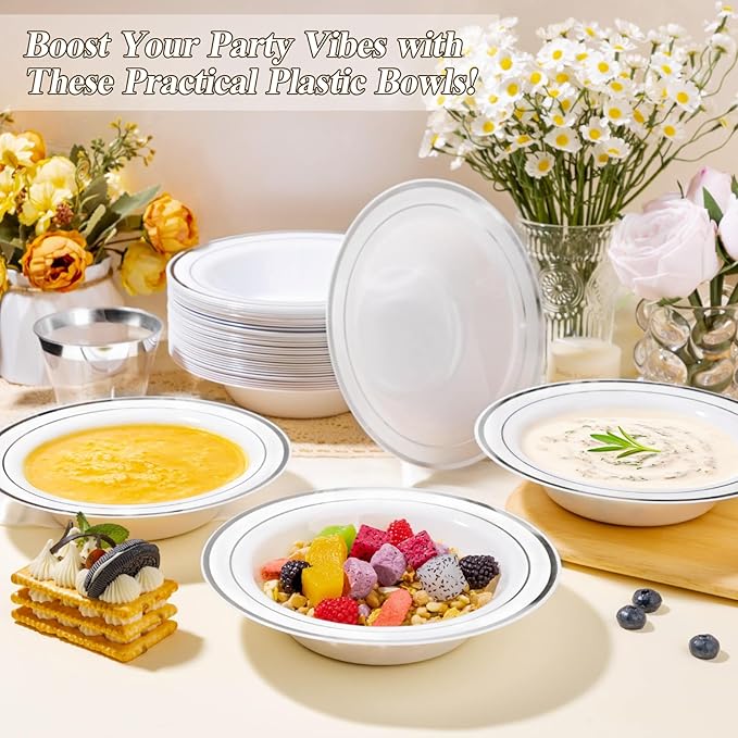 BESTSTAR 50 Pack Disposable Soup Bowls with Silver Rim, 12oz Premium Heavy Duty Plastic Dinner Bowls for Party, Wedding and Holiday