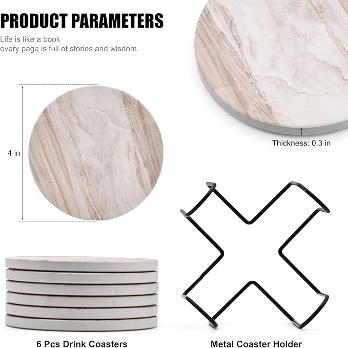 Hoewina 6Pcs Drink Coasters with Holder, Marble Style Ceramic Drink Coaster, Absorbent Coasters Set Suitable for Kinds of Cups, Modern Style Coasters for Coffee Table, 4 Inches（Style 8）
