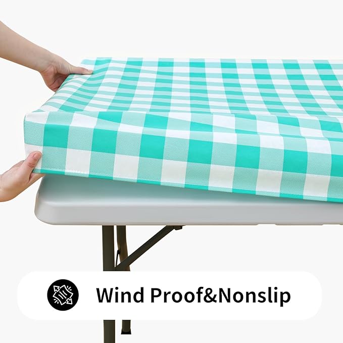 Smiry Rectangle Picnic Table Cloth, Elastic Waterproof Fitted Vinyl Tablecloths, Flannel Backed Buffalo Plaid Table Covers for Dining, Camping, Outdoor (White and Teal, 30" x 48")