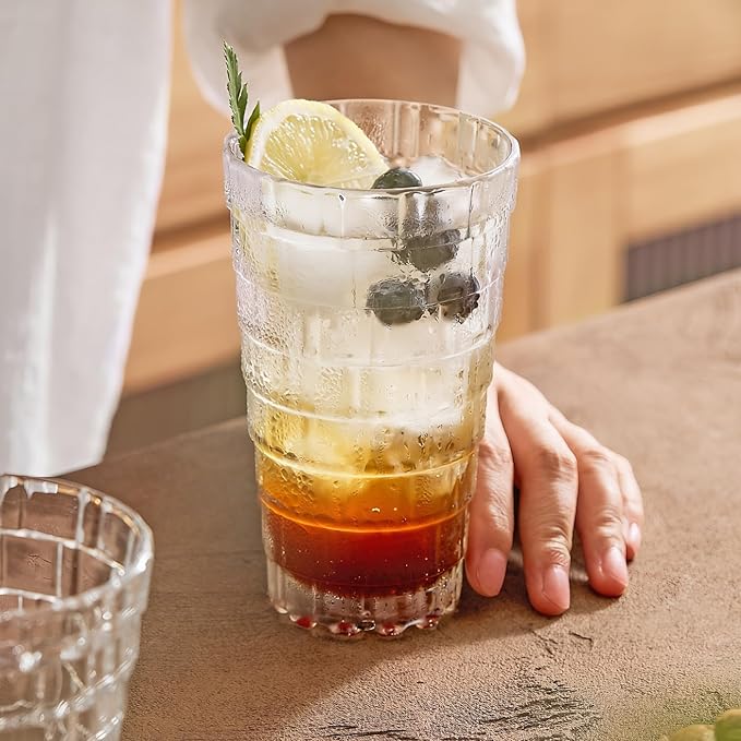 Vintage Drinking Glasses Set of 6, 15 oz Brick-Shaped Glass Cups, Mojito Glass Cups Stackable Water Tumbler, for Beer, Cocktail, Whiskey, Juice & Mixed Drinks.