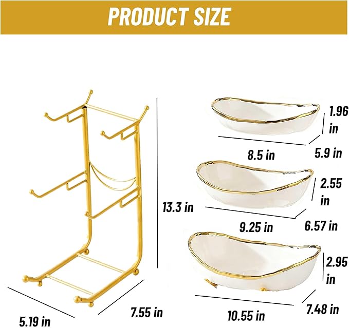 jessie 3 Tier Fruit Bowls for Kitchen Counter,Ceramic Large Fruit Basket Stand,Metal Fruit Serving Tray Snacks Nuts Cake Storage Holder (Gold 1)