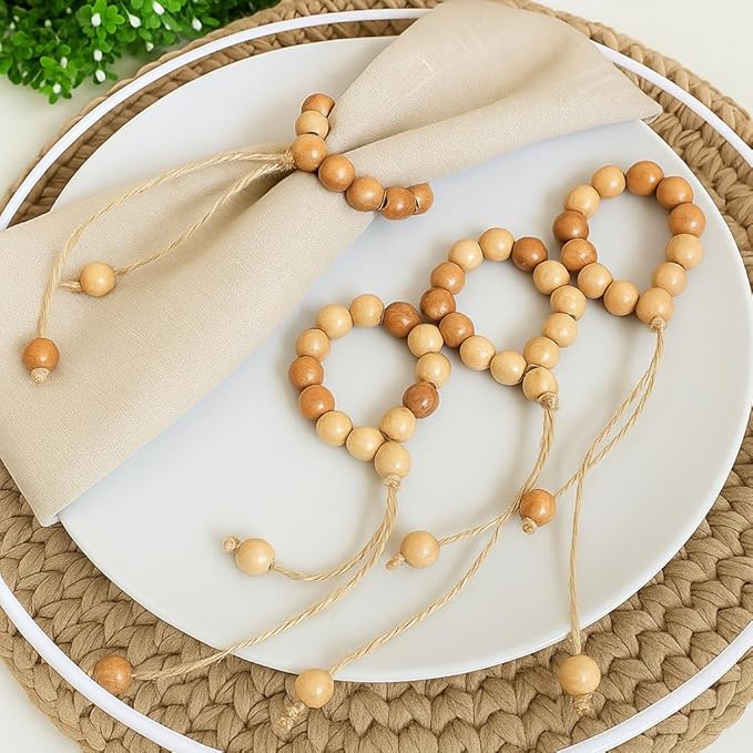 Napkin Rings Set of 6 - Wood Beaded Napkin Rings - Natural Rustic Wooden Napkin Holder Ring for Table - Handmade Wooden Beads Napkin Ring with Jute Twine - Farmhouse Napkin Ring