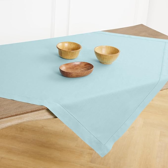 Solino Home Linen Square Tablecloth 52 x 52 Inch - 100% Pure Linen Aqua Blue Table Throw - Classic Hemstitch, Machine Washable Table Cloth for Winter, Spring, Easter