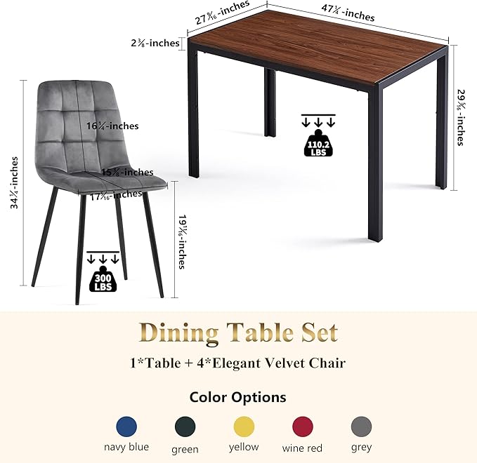 5 PCS Dining Table Set for 4, Modern Engineered Wood Table Walnut Wipe Clean with 4 Upholstered Velvet Home Chair Soft No Arms Accent Chairs with Back for Small Spaces