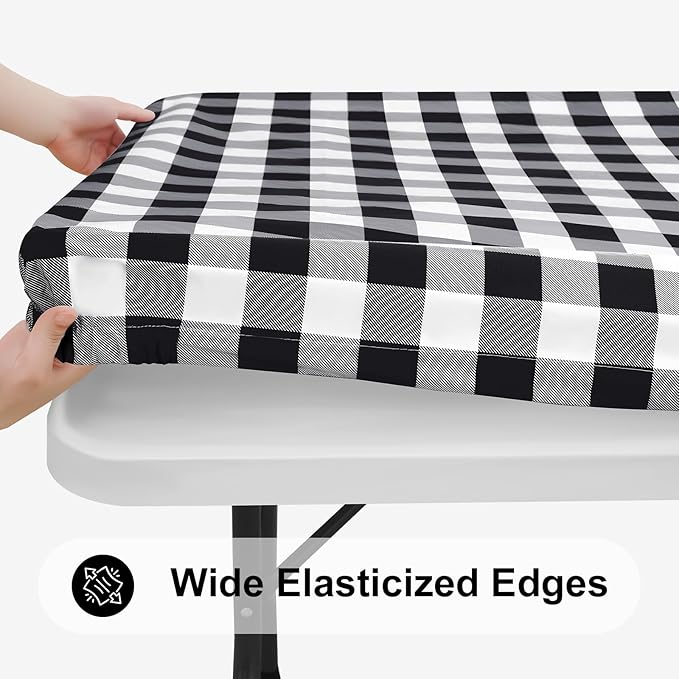 Smiry Rectangle Picnic Table Cloth, Elastic Waterproof Fitted Vinyl Tablecloths, Flannel Backed Buffalo Plaid Table Covers for Dining, Camping, Outdoor (Black and White, 30" x 96")
