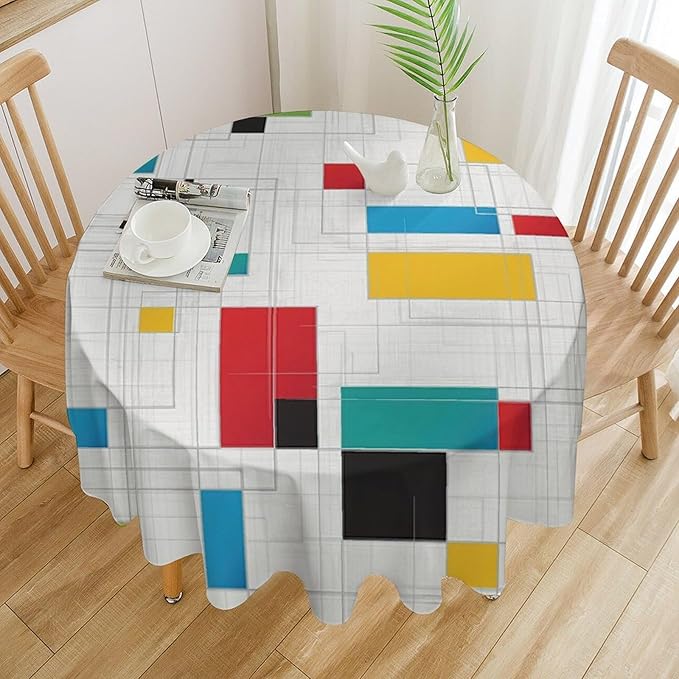 Mid Century Round Tablecloth, Abstract Geometric Mid Century Retro 50S 60S Tablecloth for Home Party Dining Room Kitchen Decor 70Inch(178cm)