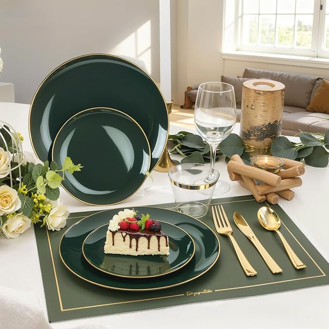 WDF 150Pcs Green Plastic Plates - Green Plates Disposable with Gold Rim - 25Guest Disposable Dinnerware Include 50 Plastic Plate, 75 Gold Cutlery & 25 9oz Cups for St. Patrick's Day