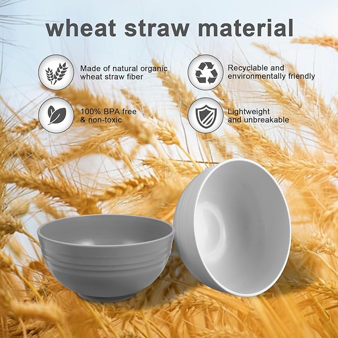12 Pcs Unbreakable Rice Bowls Set, 26 Oz Wheat Straw Bowls Set, Microwave & Dishwasher Safe Bowl for Kitchen, Reusable Plastic Bowl for Soup, Salad and Snack, BPA Free, White Gray