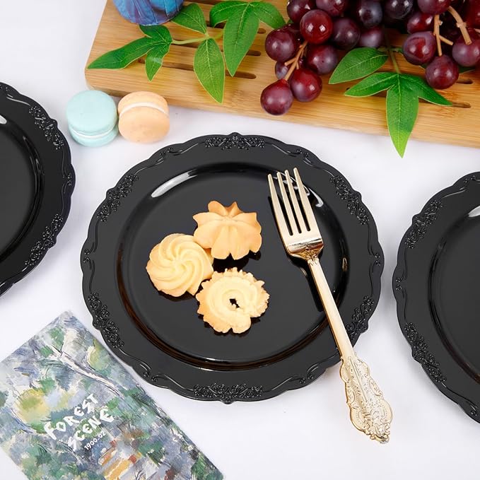 DaYammi 36PCS Black Plastic Plates, Heavy Duty Black Disposable Plates Premium 7.5 inch Dessert Cake Salad Appetizer Platos Hard Plastic Platos Disposable for Party