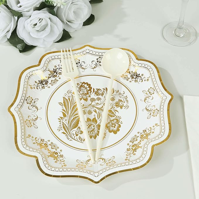 50 Pack 10" White Gold French Toile Dinner Plates, Disposable Round Paper Party Plates 300 GSM for Festive Table Decoration