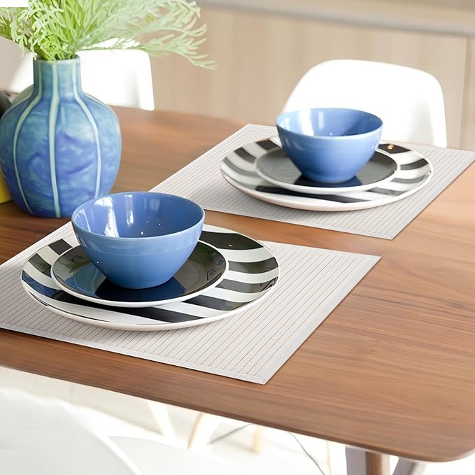 Bamboo Placemats with Fabric Border Set of 8 Natural Bamboo Rectangular Rolling Table Mats for Dining Kitchen Table Heat Resistant Table Protection White