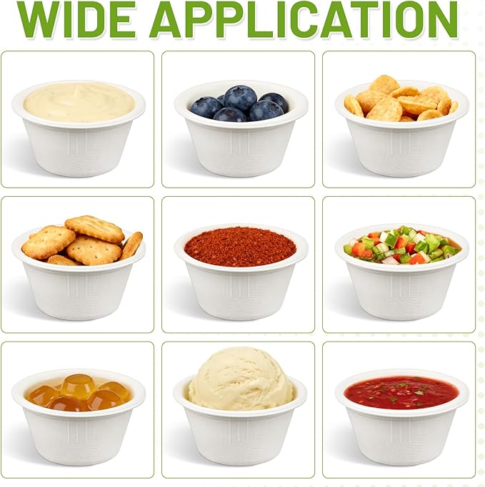 LeonBach 100 Pack Natural Bagasse Fiber Bowls 2oz Disposable Paper Cups Microwavable Safe Sample Snack Charcuterie Serving Cups Disposable Ramekins for Sauce Portion Condiment Ice Cream, White