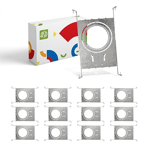 ASD New Construction Mounting Plate with Round Holes 8-10-12" - Adjustable LED Recessed Lighting Housing with Extendable Hanger Bars, Shallow Wafer Light Bracket, Mounting Kit with Notches, 12 Pack