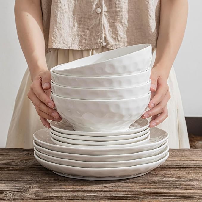 HOMBENE 8 Inch Pasta and Salad Bowls, Serving and Soup Bowl Set, Microwave Safe Ceramic Plates, Set of 2, White