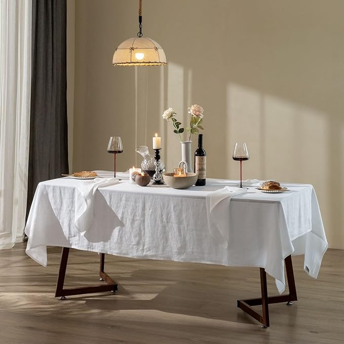 Talasily Linen Tablecloth 100% Pure Linen Table Cloth 60x144 Inches Rectangle Tablecloths Washable Cloths for Kitchen, Dining, Buffet Parties, Holidays, Picnic, Weddings and Restaurants-White
