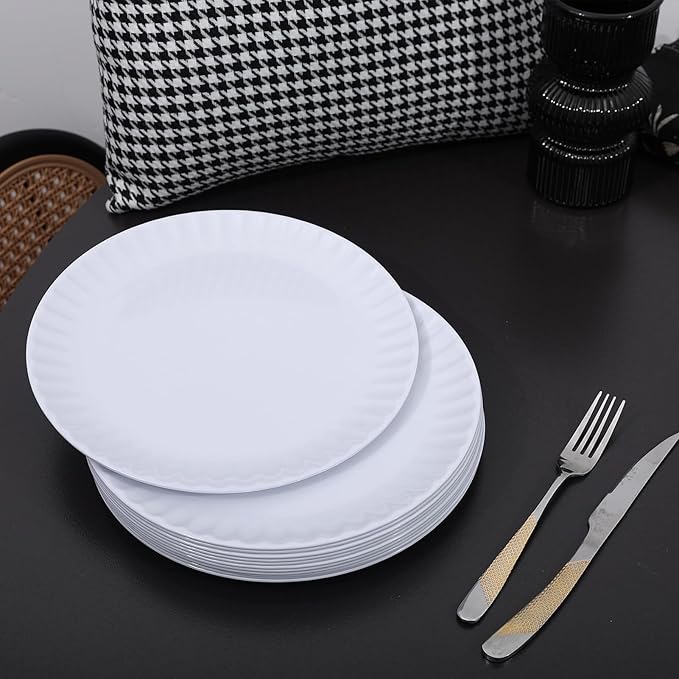 White Melamine Dinner Plates Set of 12, 10.5 Inch Lace Salad Serving Plates, Lightweight Plastic Round Plates, Elegant Appetizer Dessert Dishes for Wedding, Party, Restaurant, Kitchen
