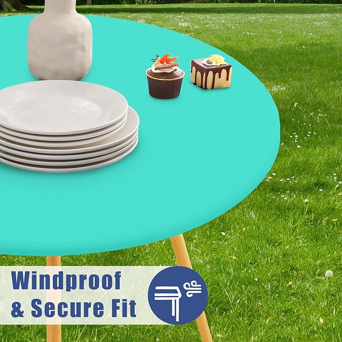 Round Spandex Tablecloth, Elastic Fitted Waterproof Tablecloths for 31"-35" Tables, Stretch Washable Picnic Table Cover for Camping, Dining, Indoor and Outdoor,Aqua Blue