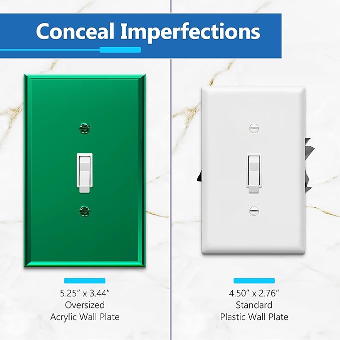 LIDER Reflective Acrylic Toggle Switch Wall Plate, Mirrored Light Switch Plate, Plexiglass Switch Cover, Acrylic Glass, Oversized 1-Gang 5.25" x 3.44", LWP-11O-AGR5P, Green, 5 Pack