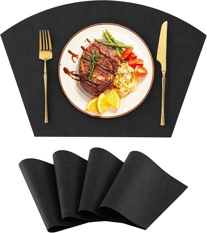 Homaxy Round Table Placemats Set of 4, Washable Wedge Shaped Faux Leather Table Mats, Wipeable Kitchen Dinner Place Mats for Indoor Outdoor, Black