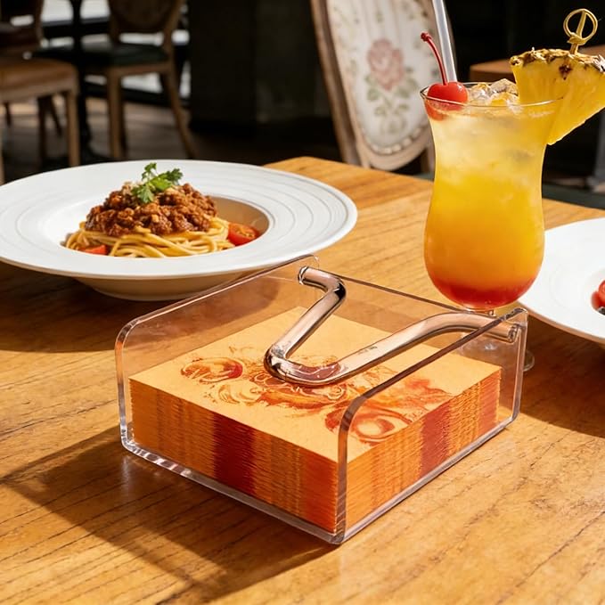 Clear Acrylic Gravity-Fed Napkin Holder with Weighted Arm, 4.9x4.9 Inch - Keeps Cocktail Napkins in Place for Bar, Patio & Kitchen Counter