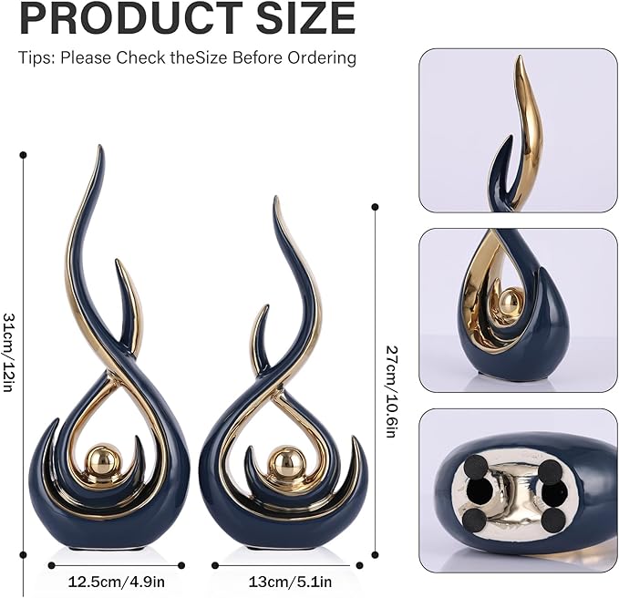 Ceramic Abstract 2 Piece Statue Set, Blue and Gold Home Decor Accents for Home Decor Statue Mantel Shelf Decor Unique Shelf Decor on Mantel, TV Cabinet Divider Table Top and Dining Table Centerpiece.