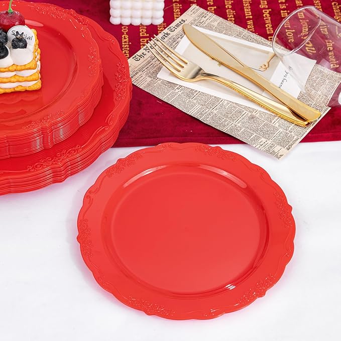 U-QE 100PCS Red Plastic Plates - Heavy Duty Valentines Plates Disposable, Red Plates Disposable Include 50PCS 10.25" Dinner Plates and 50PCS 7.5" Dessert/Salad Plates for Valentine's Day, Party