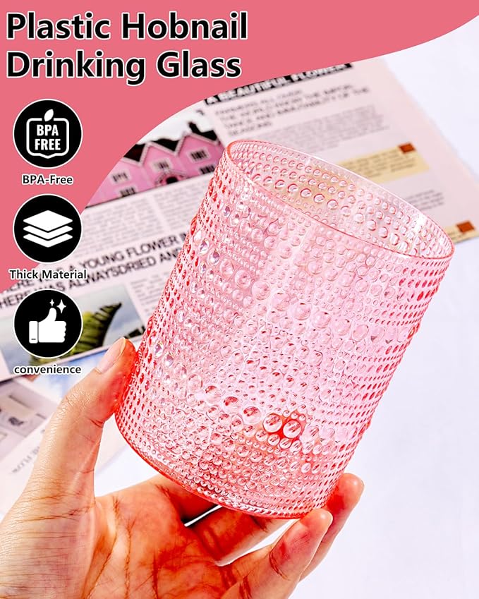 YOUBET 24PCS Plastic Drinking Glasses - 14OZ Pink Hobnail Drinkware Glasses - Vintage Glassware Textured Beaded Cups for Water, Beer, Whiskey, Juice and Various Mixed Drinks Valentines Day