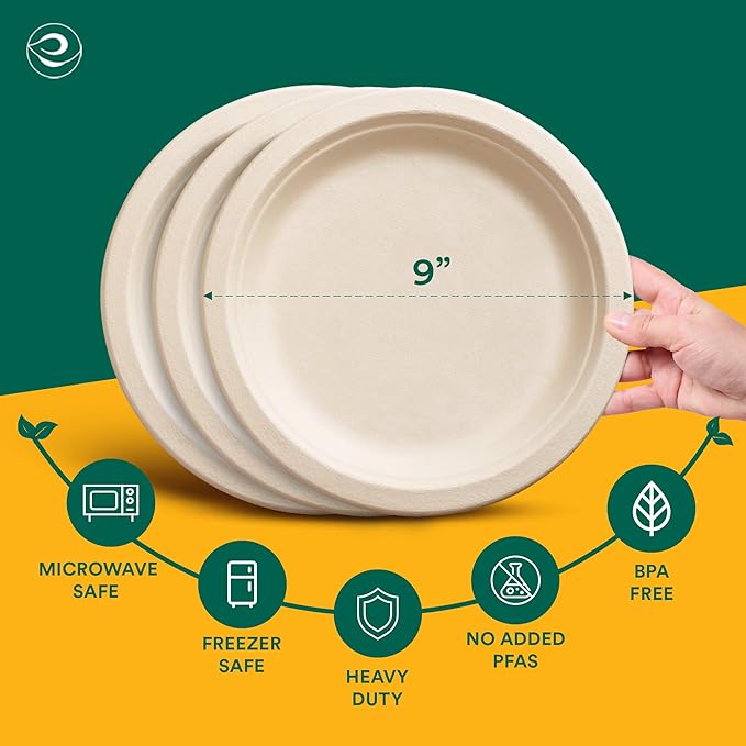 ECO SOUL Compostable 9 Inch(500-Pack) Biodegradable Heavy-Duty Disposable Eco-Friendly Paper Plates for Dinner & Parties, Wedding, Event
