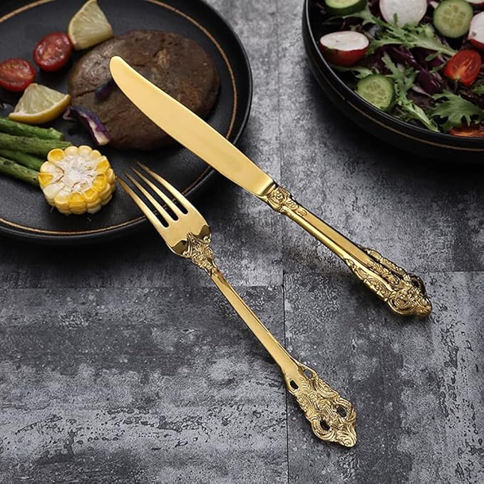 Gold Silverware Set for 8 Durable 18/10 Stainless Steel Flatware Set Palace Style Modern Cutlery Utensils Set 32 Piece Include Knives Forks and Spoons Tableware Set for Home Kitchen Restaurant