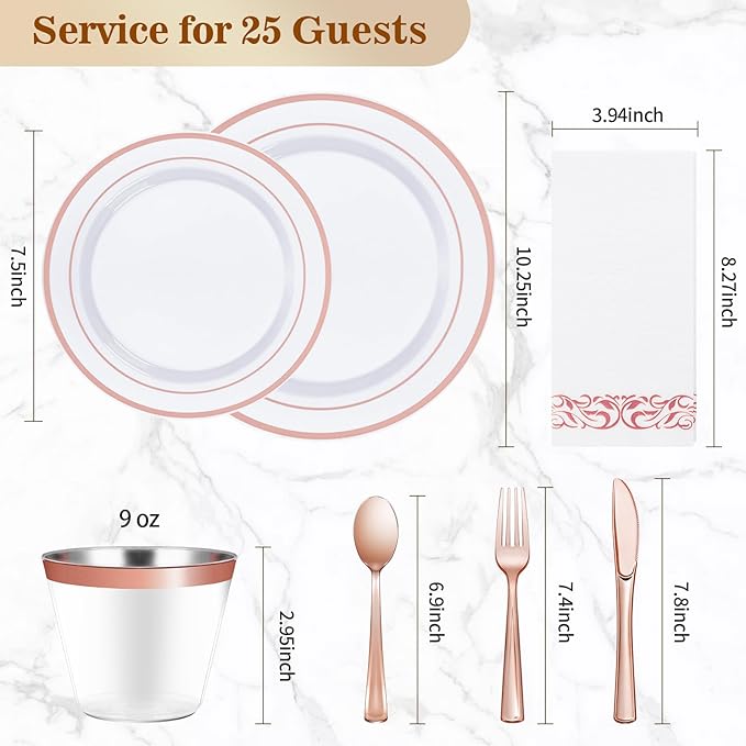 BESTVIP 175PCS Rose Gold Disposable Dinnerware Set for 25 Guests, Plastic Plates for Party, Wedding, Christmas, Include: 50 Plastic Plates, 25 Rose Gold Silverware, 25 Cups, 25 Napkins