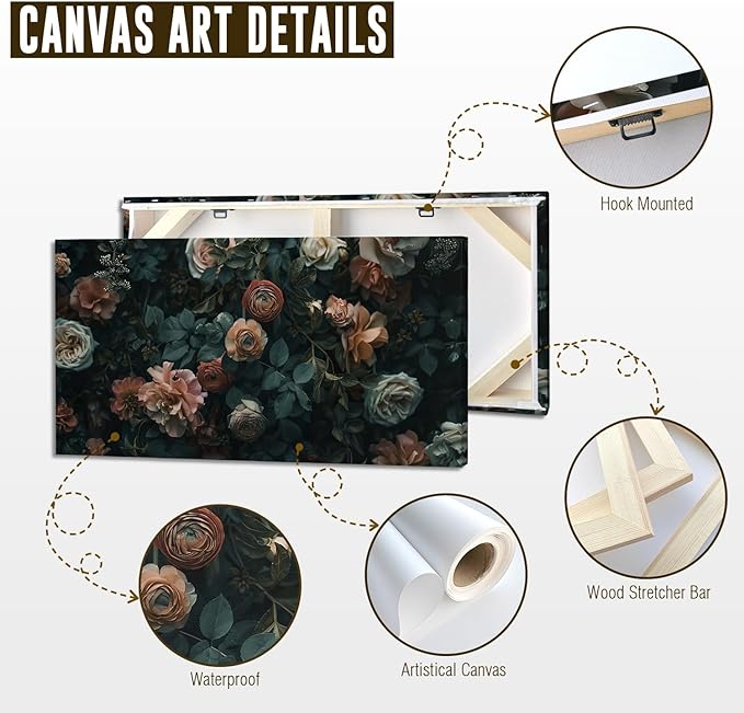 ADJUVANT Wall Art Floral 40"L x 20"W, Dark Hued Vintage Flowers With Lush Foliage Canvas Painting Elegant Blooms Artwork Retro Garden Prints Floral Wall Decor for Living Room Bedroom Study Home Office
