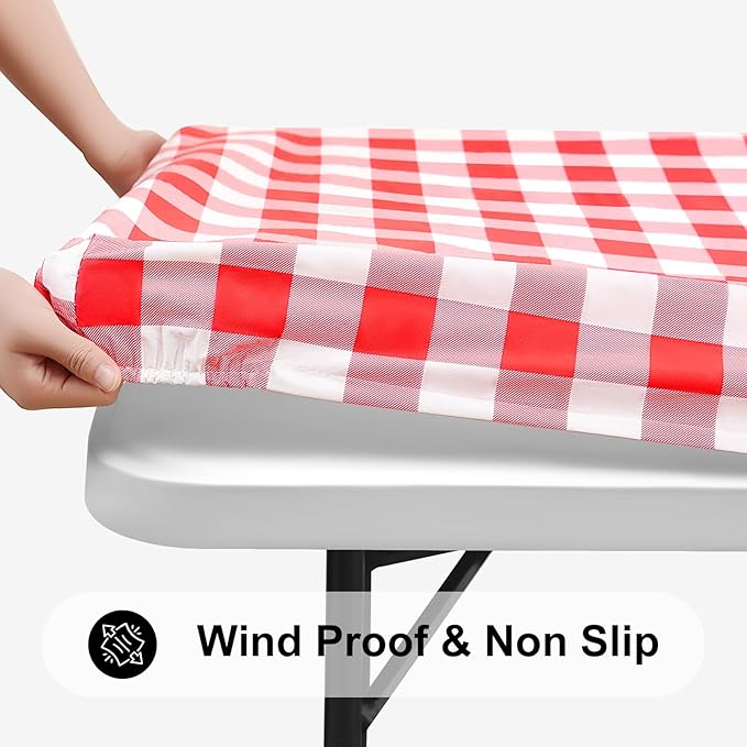 Smiry Square Picnic Table Cloth, Elastic Waterproof Fitted Vinyl Tablecloths, Flannel Backed Buffalo Plaid Table Covers for Dining, Camping, Outdoor (White and Red, 42" x 42")