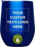 Custom Stemless Wine Glass Tumblers with Lids by Largo 11 oz. Set of 6, Personalized Bulk Pack - Perfect for Wine, Cocktails, Other Hot & Cold Beverages - Blue