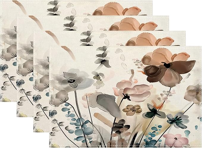 Floral Placemats 12x18 Inches Set of 4, Spring Summer Blue Brown Flower Decorative Rectangle Linen Table Mats for Party Home Kitchen Dining Table Decoration
