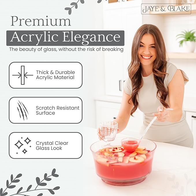 JAYE & BLAKE Premium Acrylic Punch Bowl with Ladle | 12”W x 6”H Clear Design Glass Like Quality & Durable Acrylic Bowls | 1.5 Gallon (6 quarts) Punch Bowl For Parties, Holidays, Schools, Halloween