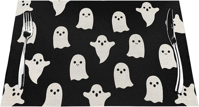 Halloween Placemats 12x18 Inches Set of 4,Black Beige Ghost Decorative Rectangle Autumn Halloween Decoration Black Ghost Table Mats for Party,Home Kitchen,Dining Table Decor