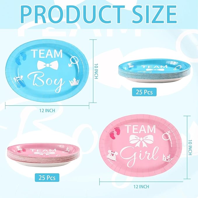 Grencian 50Pcs Gender Reveal Party Supplies 10" x 12" Large Heavy Duty Gender Reveal Oval Paper Plates Disposable Blue or Pink Boy or Girl Dessert Plates for Birthday Baby Shower Party Decor