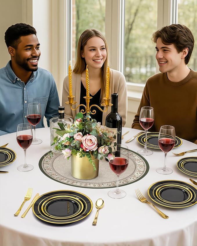 BESTSTAR 200PCS Black Plastic Plates Set with Gold Rim, 100 10.25 inch Dinner Plates and 100 7.5 inch Dessert Plates, Premium Disposable Plates forfor Party, Wedding, Holiday,And Halloween