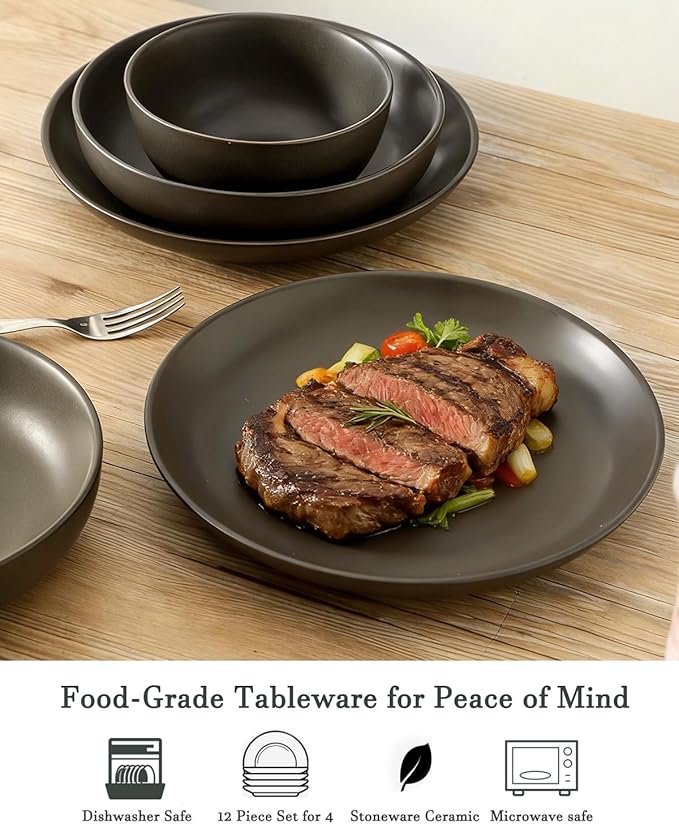 Stoneware Dinnerware Set for 4 Person,12 Pieces Ceramic Plates and Bowls Sets Matte Black Modern Dish Set for Kitchen Dinner,Scratch Resistant,Microwave and Dishwasher Safe,Round