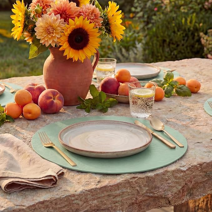 Artoid Mode Sage Faux Leather Placemats Set of 4, 15 Inch Waterproof Wipeable Heat Resistant Vinyl Place Mats, Reversible Table Mats for Spring Kitchen Dining Decor