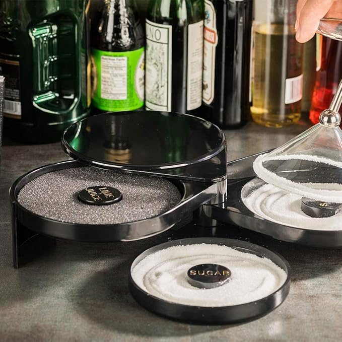 Restaurantware Bar Lux 7.8 x 6.3 x 2.8 Inch Bar Glass Rimmer 1 With 3 Swing Out Compartments Cocktail Glass Rimmer - With Sponge For Cocktails Black Plastic Bar Sugar Rimmer For Salt Or Sugar