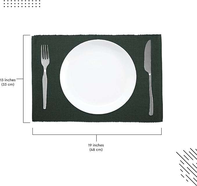 Encasa XO Dining Placemat Set of 6 | Dark Green Color | Fine Ribbed Cotton Table mat | Size 19x13 in | Machine Washable