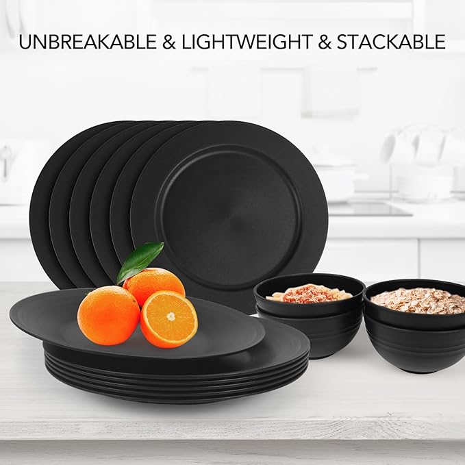 greenandlife 10inch/6pcs Dishwasher & Microwave Safe Wheat Straw Plates, Alternative for Plastic Plates, Lightweight Reusable Unbreakable Dinner Plates, Non-toxin, BPA Free for Kids Adults, Black