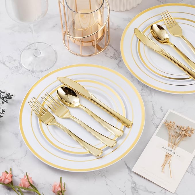 BESTVIP 600PCS Gold Plastic Plate Set (100 Guests), Plastic Plates for Party Wedding Birthday, Disposable Dinnerware Set of 200 Plates, 200 Forks, 100 Spoons, 100 Knives for Christmas