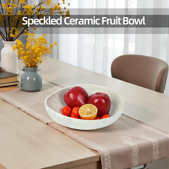 White Speckled Ceramic Decorative Bowl, Textured Stoneware Fruit & Salad Bowl for Table Centerpiece or Entryway